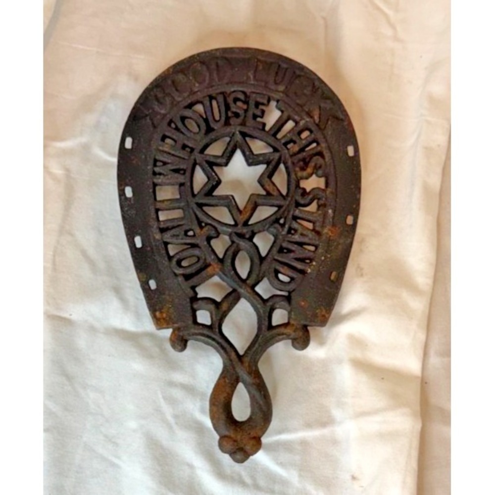 Vintage Wilton Cast Iron "Good Luck to All Who Use This Stand" Horseshoe Trivet